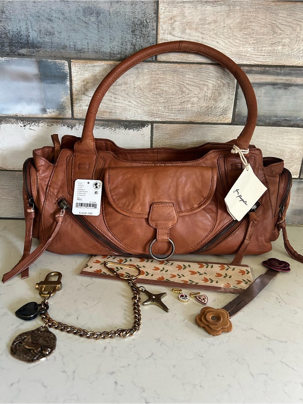 NWT Free People Sabo East West Bag in Saddle With Charms & Scarf - Picture 2 of 16